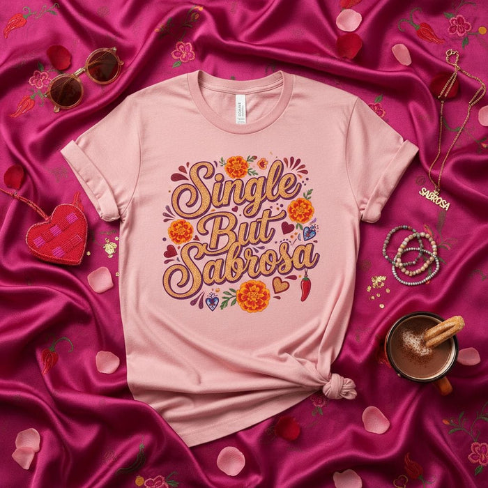 Single But Sabrosa T-Shirt, Cute Marigold Floral Design, Latinx Pride Shirt, Funny Valentine's Day Tee, Empowering Latina Graphic T-Shirt, Unisex Fit, Pink Mexicada