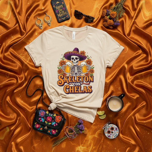 Skeleton Con Chelas Day of the Dead Shirt, Funny Dia de Muertos Drinking T-Shirt, Sugar Skull Mexican Fiesta Tee, Men's Unisex Skeleton with Beers Graphic T-Shirt Gift Mexicada