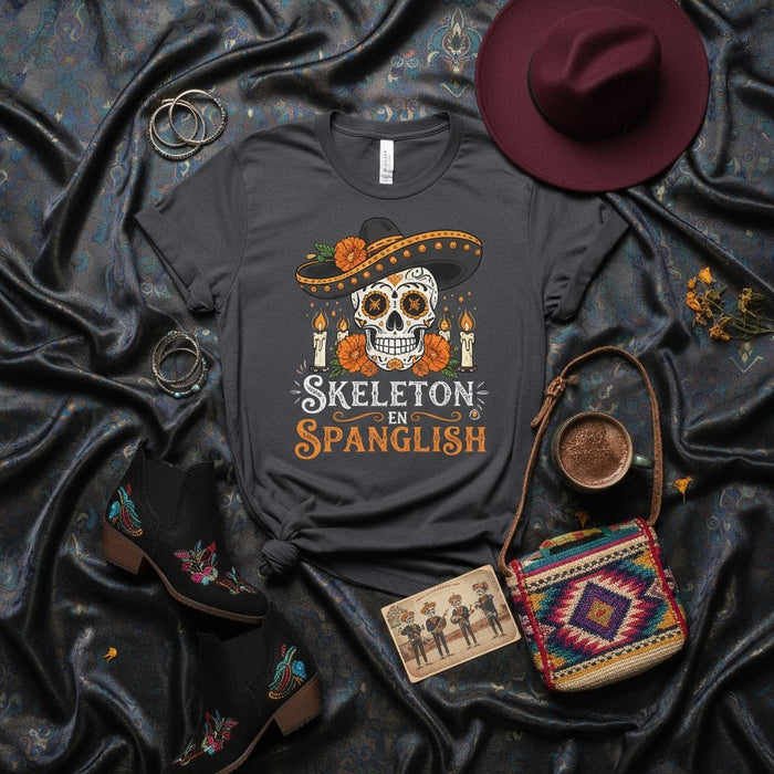 Skeleton En Spanglish T-Shirt, Day of the Dead Sugar Skull with Sombrero, Calavera, Marigold Flowers, and Candles, Unisex Halloween Party Gift Tee Mexicada