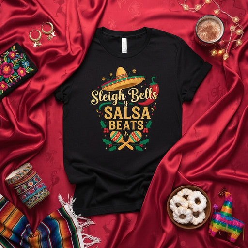 Sleigh Bells and Salsa Beats Christmas T-Shirt, Funny Mexican Holiday Shirt with Sombrero Maracas Chili Peppers, Fiesta Navidad Celebration Tee, Latin X-Mas Party Outfit Mexicada