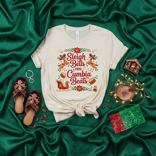 Sleigh Bells con Cumbia Beats T-Shirt, Funny Merry Christmas Holiday Shirt, Mexican Fiesta Navidad Tee, Reindeer Sombrero Drumming Shirt, Cumbia Music Lover Gift Mexicada