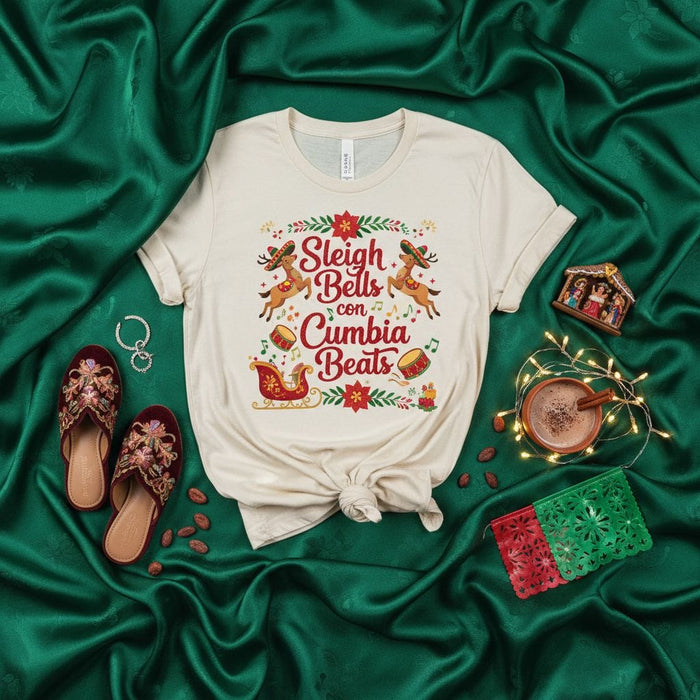 Sleigh Bells con Cumbia Beats T-Shirt, Funny Merry Christmas Holiday Shirt, Mexican Fiesta Navidad Tee, Reindeer Sombrero Drumming Shirt, Cumbia Music Lover Gift Mexicada