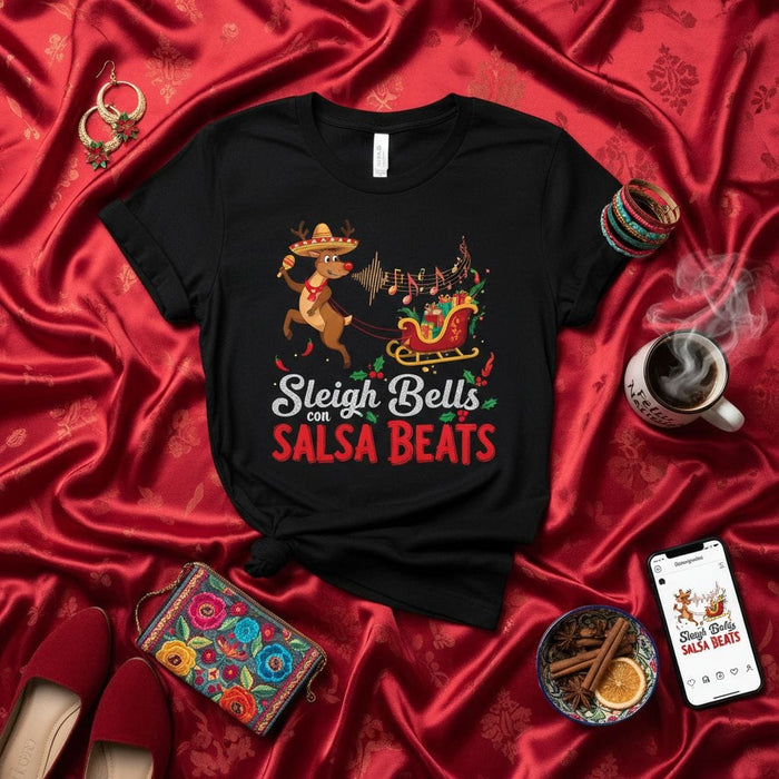 Sleigh Bells con Salsa Beats Christmas T-Shirt, Funny Reindeer with Sombrero Maracas Sleigh, Festive Holiday Party Apparel, Latino Merry Xmas Gift Tee Mexicada