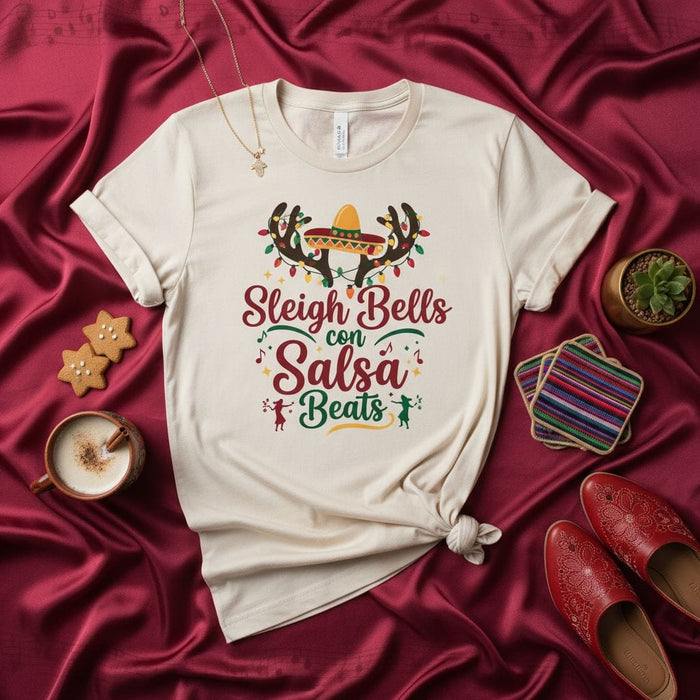 Sleigh Bells con Salsa Beats Shirt, Funny Christmas Fiesta T-Shirt, Mexican Sombrero Reindeer Antlers, Holiday Latin Music Party Tee, Festive Unisex Gift Idea Mexicada