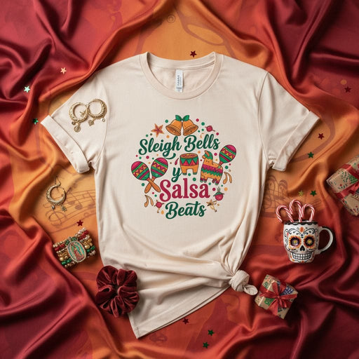 Sleigh Bells y Salsa Beats Christmas T-Shirt, Fiesta Holiday Tee, Merry & Bright Latina Xmas Apparel, Cute Maracas Pinata Jingle Bells Design Mexicada