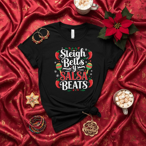 Sleigh Bells y Salsa Beats Christmas T-Shirt, Funny Holiday Latin Dance Shirt, Xmas Party Outfit with Maracas and Chili Peppers, Unisex Graphic Tee Mexicada