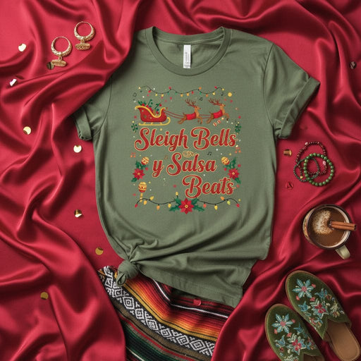 Sleigh Bells y Salsa Beats Christmas T-Shirt, Funny Holiday Latinx Family Party Shirt, Spanish English Mixed Text Tee with Reindeer Sleigh and Lights, Festive Green Unisex Apparel Gift Idea Mexicada