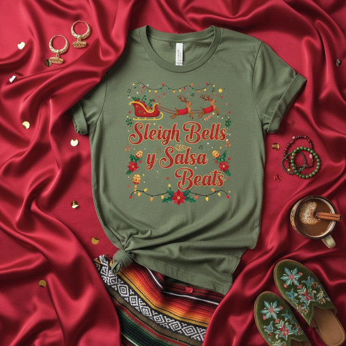 Sleigh Bells y Salsa Beats Christmas T-Shirt, Funny Holiday Latinx Family Party Shirt, Spanish English Mixed Text Tee with Reindeer Sleigh and Lights, Festive Green Unisex Apparel Gift Idea Mexicada