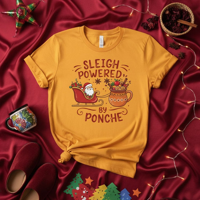 Sleigh Powered by Ponche Christmas T-Shirt, Santa Claus Sleigh and Ponche Mug Festive Holiday Tee, Unisex Mexican Hot Fruit Punch Xmas Shirt, Fun Spanish-English Phrase Gift Idea Mexicada