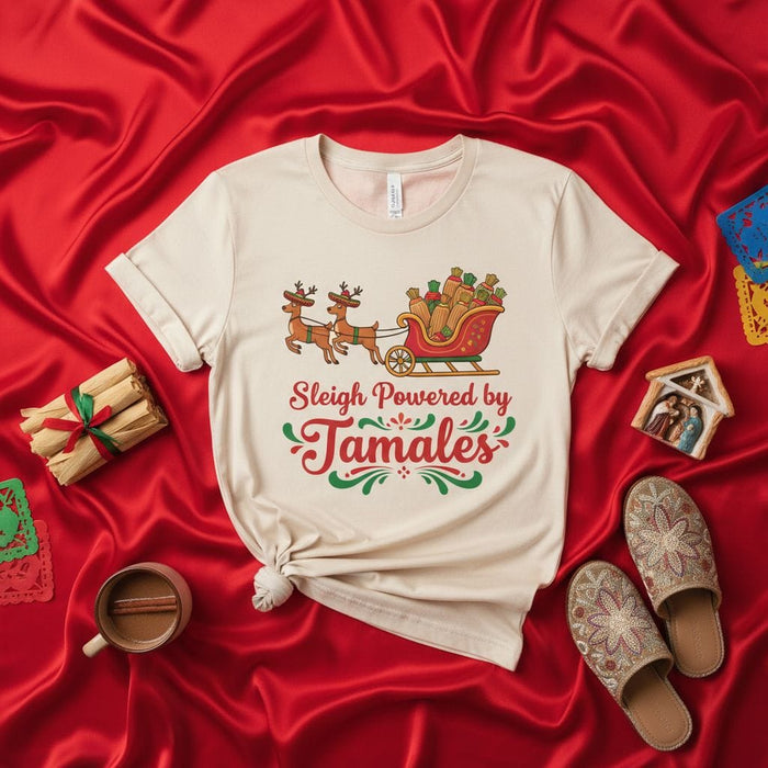Sleigh Powered by Tamales Christmas T-Shirt, Funny Holiday Reindeer and Sleigh Graphic Tee, Tamales Lover Shirt, Mexican Food Festive Apparel, Navidad Family Party Gift Idea, Unisex Short Sleeve T-Shirt Mexicada