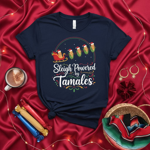 Sleigh Powered By Tamales Christmas T-Shirt, Funny Holiday Tamale Lover Gift Tee, Mexican Food Festive Shirt, Xmas Tamal Navidad Apparel, Corn Husk Santa Hat Graphic Top Mexicada