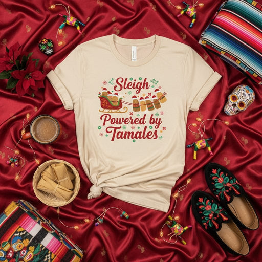 Sleigh Powered by Tamales Christmas T-Shirt, Funny Mexican Holiday Shirt, Tamale Season Navidad Tee, Santa Sleigh Fiesta Shirt, Foodie Gift Idea for Him or Her, Unisex Adult Graphic T-shirt Mexicada
