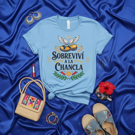 Sobreviví A La Chancla T-Shirt | Funny Hispanic Heritage Spanish Sarcastic Humor Tee | Latino Culture Gift | Sandal Angel Wings Graphic Shirt Mexicada