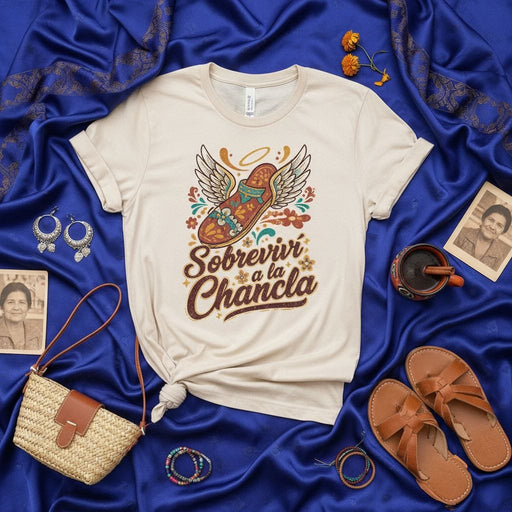 Sobrevivir a la Chancla T-Shirt, Funny Hispanic Latino Culture Tee, Flying Sandal with Wings and Halo, Viva La Chancla Gift, Spanish Phrase Shirt Mexicada