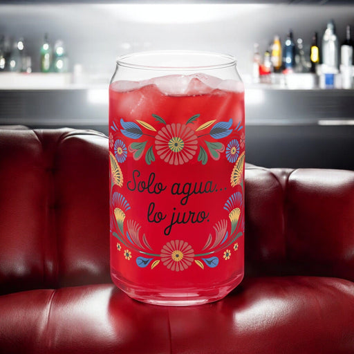 Solo Agua Lo Juro Exclusive Art Piece Can-Shaped Glass Home Office Work Mexican Spanish Pride Gift Cup One-Of-A-Kind Calligraphy Glass | S10 Mexicada