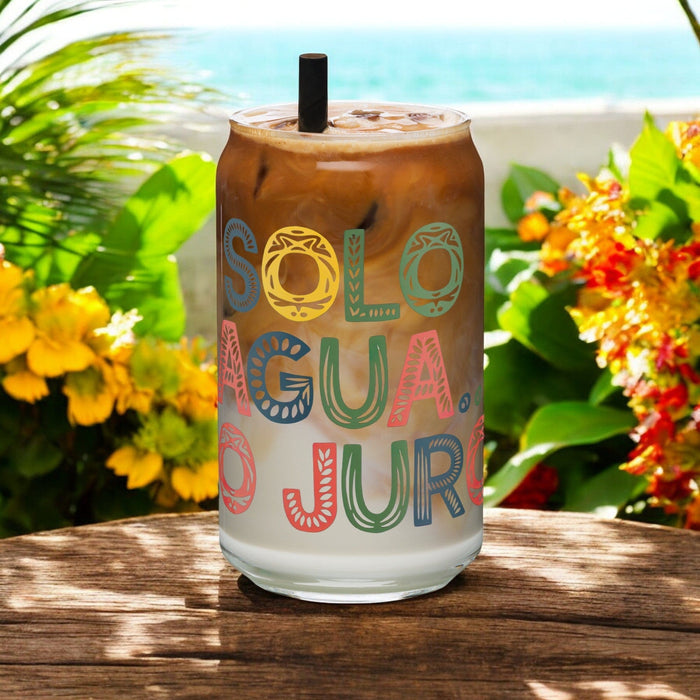 Solo Agua Lo Juro Exclusive Art Piece Can-Shaped Glass Home Office Work Mexican Spanish Pride Gift Cup One-Of-A-Kind Calligraphy Glass | S11 Mexicada