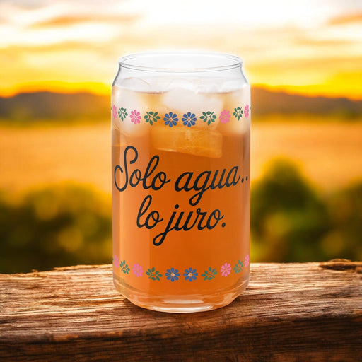 Solo Agua Lo Juro Exclusive Art Piece Can-Shaped Glass Home Office Work Mexican Spanish Pride Gift Cup One-Of-A-Kind Calligraphy Glass | S14 Mexicada