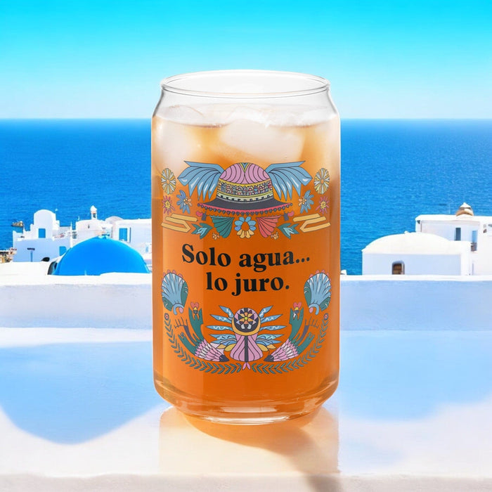 Solo Agua Lo Juro Exclusive Art Piece Can-Shaped Glass Home Office Work Mexican Spanish Pride Gift Cup One-Of-A-Kind Calligraphy Glass | S27 Mexicada