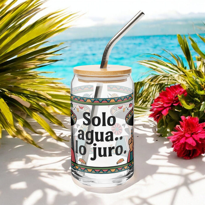 Solo Agua Lo Juro Exclusive Art Piece Can-Shaped Glass Home Office Work Mexican Spanish Pride Gift Cup One-Of-A-Kind Calligraphy Glass | S32 Mexicada