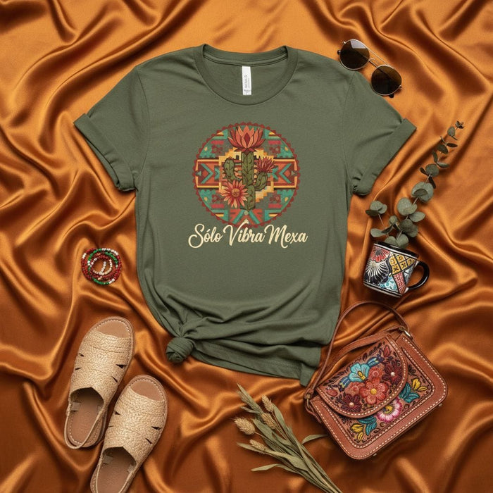 Sólo Vibra Mexa Cactus T-Shirt, Mexican Aztec Print Desert Floral Tee, Spanish Phrase Southwest Vibe Unisex Shirt, Cultura Latina Gift Top Mexicada