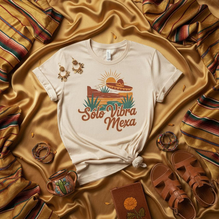 Sólo Vibra Mexa Shirt, Mexican Vibe T-Shirt, Sombrero Cactus Sunset Graphic Tee, Latina Culture Gift, Boho Desert Style Unisex Apparel Mexicada