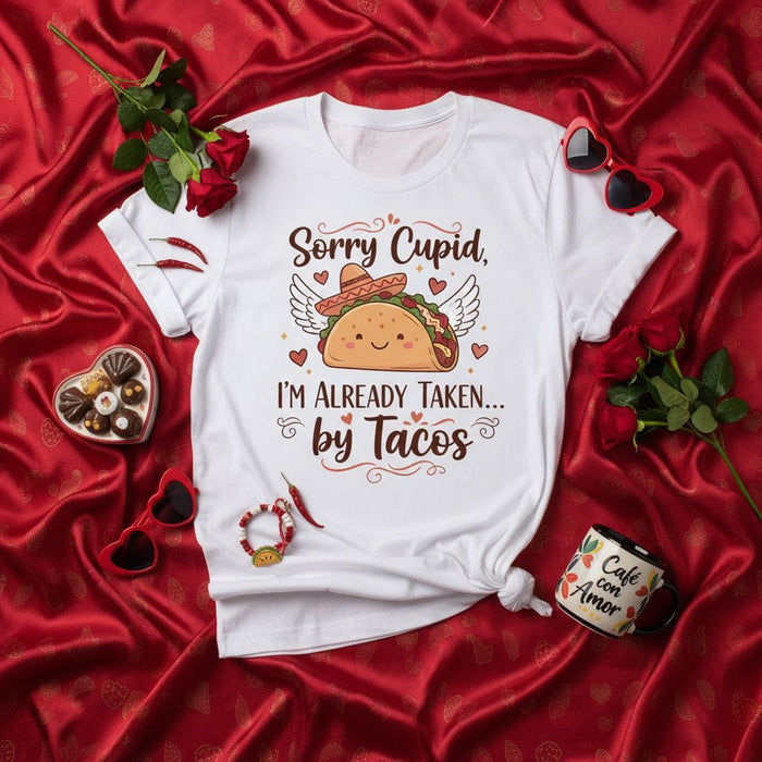 Sorry Cupid, I'm Already Taken by Tacos T-Shirt, Funny Valentine's Day Tee, Cute Taco with Sombrero and Wings Graphic, Food Lover Shirt, Gift for Him Her, Unisex Adult Apparel Mexicada