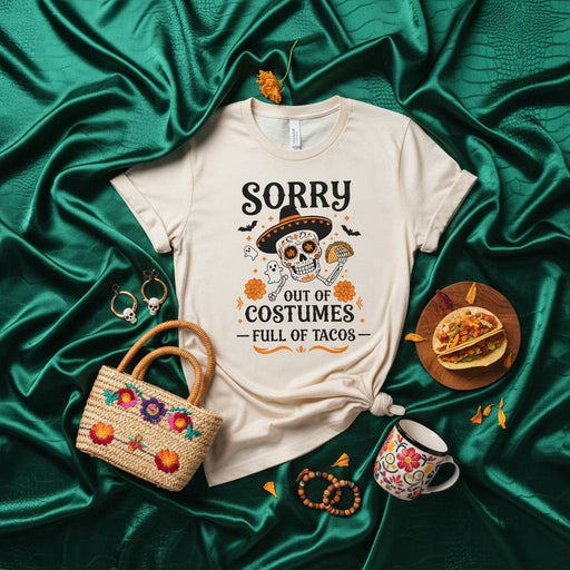 Sorry Out of Costumes Full of Tacos Shirt, Funny Halloween Sugar Skull Calavera Tee, Day of the Dead Dia De Muertos T-Shirt, Cinco de Mayo Skeleton Graphic T-Shirt, Unisex Foodie Gift T-Shirt Mexicada