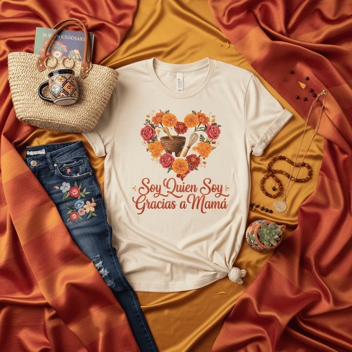Soy Quien Soy Gracias a Mamá T-Shirt - Floral Heart Design with Molcajete & Whisk - Día de las Madres Gift - Spanish Phrase Mother's Day Tee Mexicada