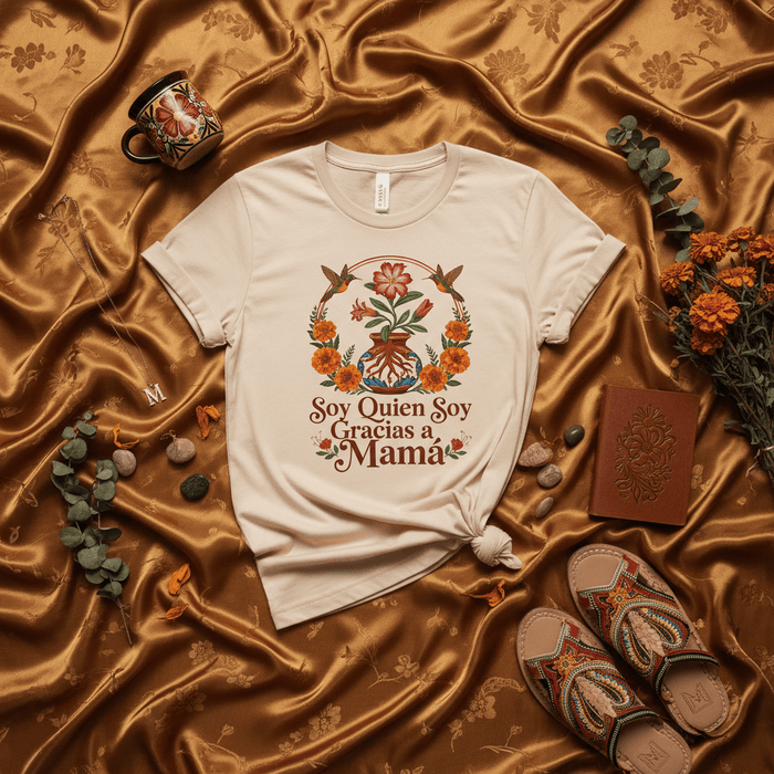 Soy Quien Soy Gracias a Mamá T-Shirt: Regalo del Día de las Madres, Camiseta con Frase Floral de Colibrí, Ropa Inspirada en México y Cultura Latina, Playera de Orgullo Familiar, Regalo para Mamá y Abuela Mexicada