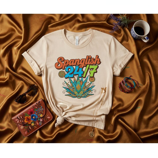 Spanglish 24/7 Shirt, Retro Groovy Graphic Tee, Beige Unisex Agave Plant Design, Latinx Heritage Gift, Bilingual Speaker Vibe T-Shirt, Spanish English Mix Slang Apparel Mexicada