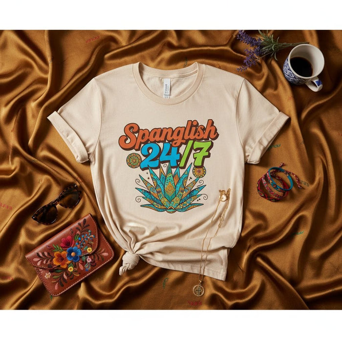 Spanglish 24/7 Shirt, Retro Groovy Graphic Tee, Beige Unisex Agave Plant Design, Latinx Heritage Gift, Bilingual Speaker Vibe T-Shirt, Spanish English Mix Slang Apparel Mexicada