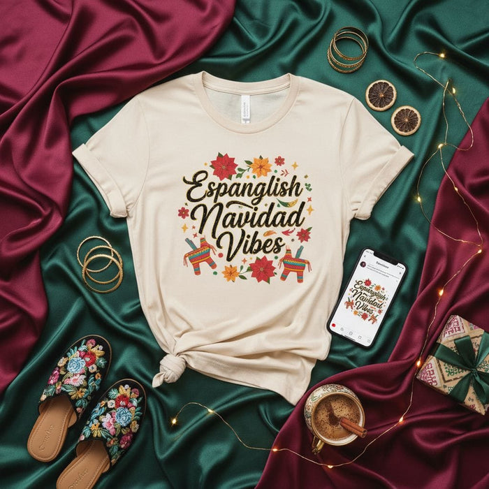 Spanglish Navidad Vibes Shirt, Latino Christmas T-Shirt, Poinsettia Piñata Graphic Tee, Holiday Fiesta Bilingual Shirt, Festive Merry Christmas Gift Top for Him Her Mexicada