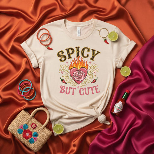 Spicy But Cute T-Shirt with Flamin' Rose Heart Graphic, Aesthetic Hot Sauce Lover Tee, Women's Funny Sassy Chili Pepper Shirt, Unique Gift for Her, Unisex Soft Cream Short Sleeve Top Mexicada