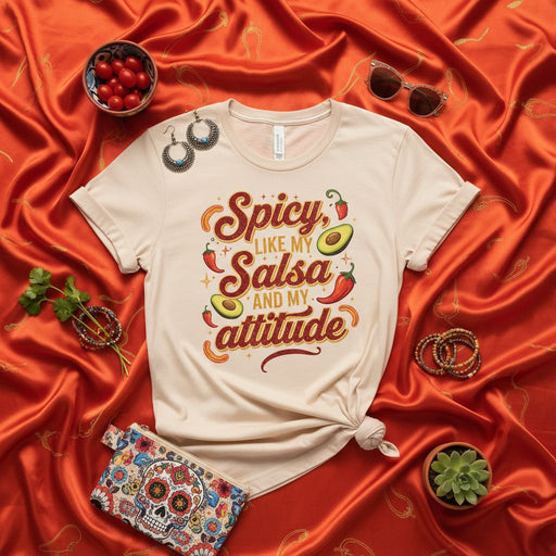 Spicy Like My Salsa And My Attitude T-Shirt, Funny Graphic Tee with Avocado and Chili Peppers, Unisex Spicy Food Lover Shirt, Mexican Fiesta Top Mexicada