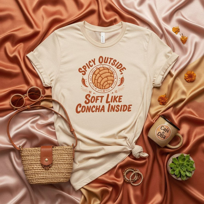Spicy Outside, Soft Like Concha Inside T-Shirt, Mexican Pan Dulce Shirt, Latina Aesthetic Graphic Tee, Funny Hispanic Food Pun Gift for Women and Men Mexicada