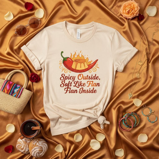 Spicy Outside Soft Like Flan Flan Inside T-Shirt with Chili and Custard Dessert Graphic, Funny Hispanic Heritage Shirt, Mexican Food Lover Gift, Unisex Crewneck Tee Mexicada