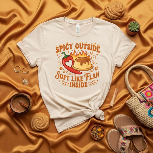 Spicy Outside Soft Like Flan Inside T-Shirt, Cute Chili Pepper and Flan Dessert Graphic Tee, Food Lover Shirt, Funny Hispanic Culture Gift, Unisex Cream Color Latinx Apparel Mexicada