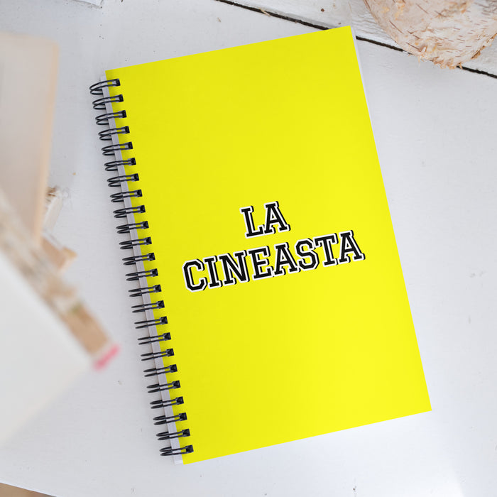 La Cineasta The Filmmaker | Yellow Spiral Notebook, 140 Dotted Sheets | Funny Gift Idea Home Office Work | Mexican Spanish Pride Gift