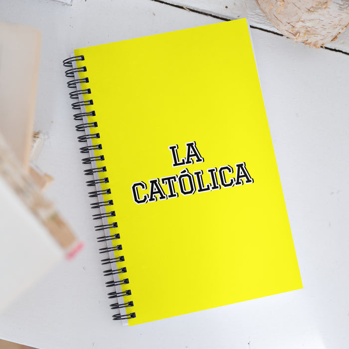 La Católica The Catholic | Yellow Spiral Notebook, 140 Dotted Sheets | Funny Gift Idea Home Office Work | Mexican Spanish Pride Gift