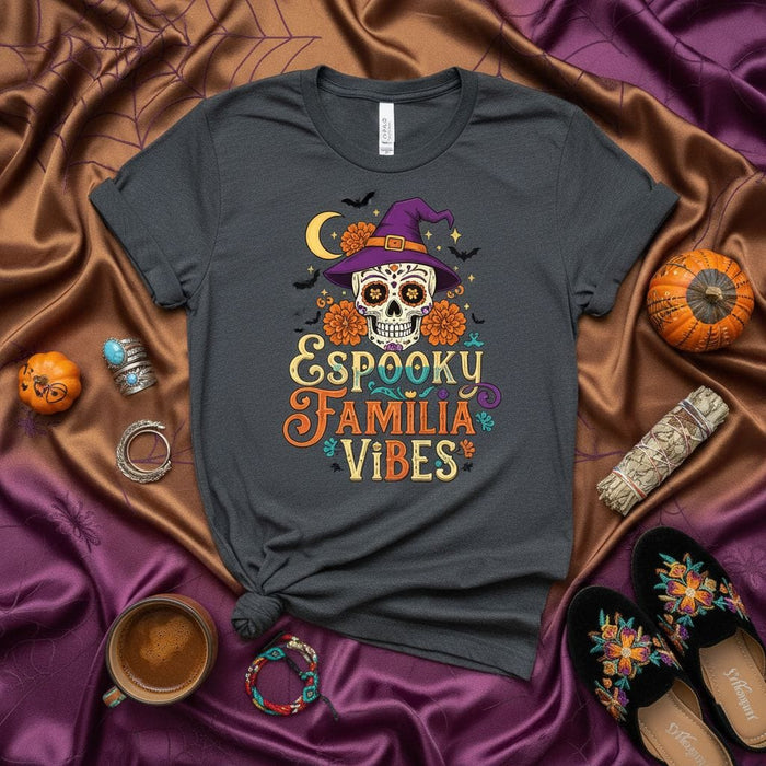 Spooky Familia Vibes Day of the Dead Sugar Skull Witch Hat T-Shirt, Halloween Dia de Muertos Family Matching Tee, Mexican Flowers Holiday Unisex Shirt Mexicada