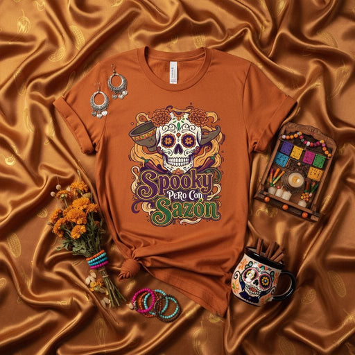 Spooky Pero Con Sazón Dia de los Muertos Sugar Skull T-Shirt, Day of the Dead Shirt, Fall Halloween Tee, Calavera with Marigold Flowers and Mexican Mugs, Unisex Graphic Top Mexicada