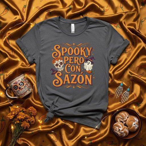 Spooky Pero Con Sazón Halloween T-Shirt, Día de Muertos Sugar Skull Ghost Tee, Funny Spanish and English Fall Holiday Shirt, Hispanic Heritage Gift, Unisex Short Sleeve Graphic Apparel Mexicada
