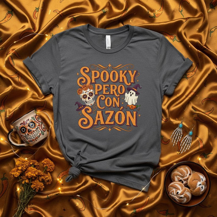 Spooky Pero Con Sazón Halloween T-Shirt, Día de Muertos Sugar Skull Ghost Tee, Funny Spanish and English Fall Holiday Shirt, Hispanic Heritage Gift, Unisex Short Sleeve Graphic Apparel Mexicada