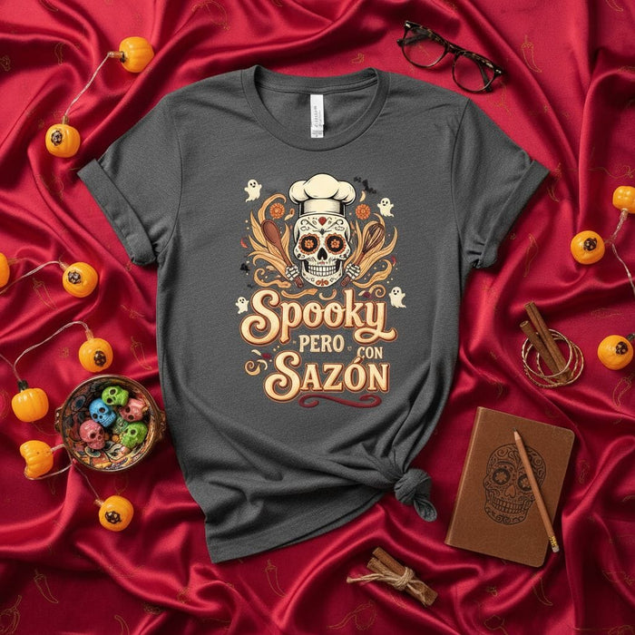 Spooky Pero Con Sazón T-Shirt, Day of the Dead Sugar Skull Chef, Funny Halloween Cooking Shirt, Spooky Sazón Unisex Tee, Dia de Muertos Cook Gift, Calavera with Chef Hat, Hispanic Foodie Apparel Mexicada