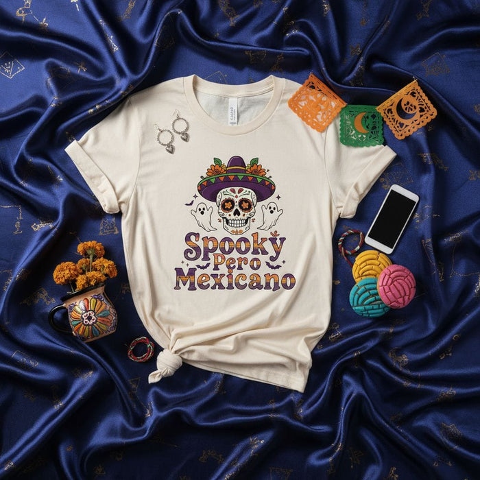 Spooky Pero Mexicano Shirt, Day of the Dead Sugar Skull Sombrero Ghosts T-Shirt, Halloween Dia de los Muertos Calavera Tee, Unisex Festival Gift Mexicada