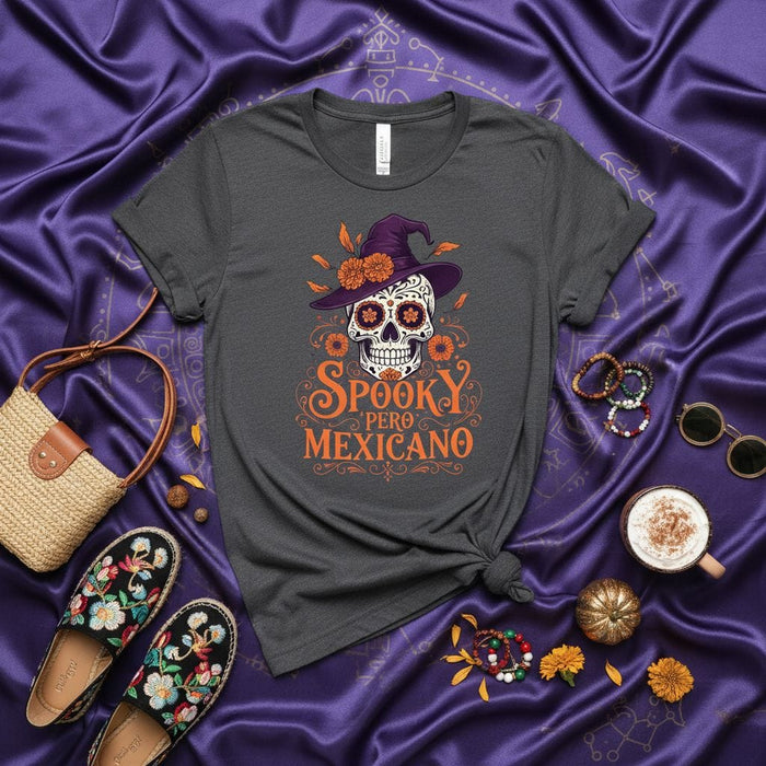 Spooky Pero Mexicano Shirt, Sugar Skull Witch Hat Day of the Dead Dia de Muertos Calavera Flowers T-shirt, Halloween Hispanic Heritage Gift Tee Mexicada
