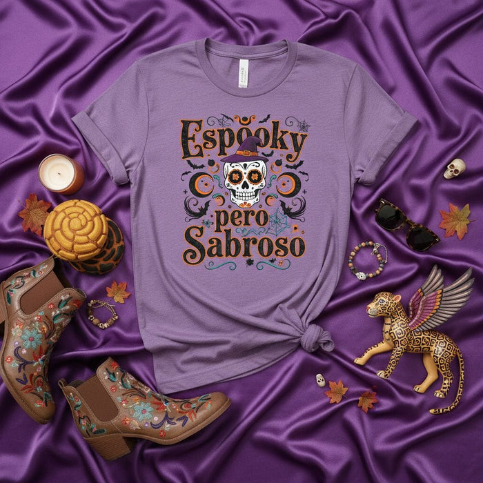 Spooky Pero Sabroso T-Shirt, Sugar Skull Halloween Shirt, Día de Muertos Tee, Hispanic Fall Apparel, Funny Latina Gift, Spanish Halloween Shirt, Purple Unisex Graphic T-Shirt Mexicada