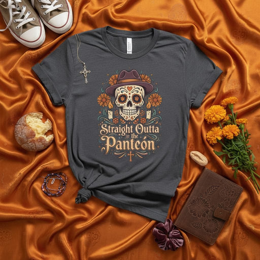 Straight Outta the Panteón Day of the Dead Sugar Skull Shirt, Unisex Dia de Muertos Calavera Tee with Sombrero and Marigolds, Halloween Costume Fiesta Gift for Men and Women Mexicada
