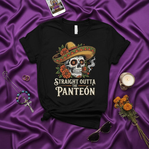 Straight Outta The Panteón Day of the Dead Sugar Skull with Sombrero and Cigar T-Shirt, Día de Muertos Calavera Graphic Tee, Traditional Mexican Holiday Unisex Shirt Mexicada