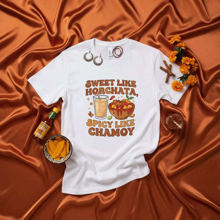 SWEET LIKE HORCHATA, SPICY LIKE CHAMOY - Mexican Food Shirt, Latina Gifts, Horchata Chamoy Mango Candy T-Shirt, Spicy Sweet Snack Lover Tee, Unisex Graphic Top Mexicada